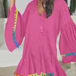 Colorblock V-Neck Bell Sleeve A Line Tassel Mini Dress Vacation Dress