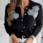 Floral Applique & Pearls Decor Round Neck Single Breasted Knit Cardigan Casual Crop Sweater Coat