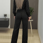 2 Pieces Outfit Stand Collar Button Front Ruffles Spliced Top and High Waist Straight Leg Pants Set Casual Polka Dot Print Commuting Set