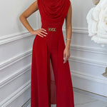 Women's Cowl Neck Wide Leg Jumpsuit High Waist Sleeveless Chiffon Overlay Spliced Evening Overalls with Belt