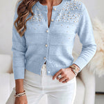 Women's Pearl Beaded Knit Cardigan Elegant Hollow Out Crop Sweater Casual Button Down Coat