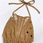 2 Pieces Round Sequin Knitted Halter Sleeveless Crop Top and Casual Strechy Waist Wide Leg Knit Pants Set