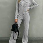 Women's 2 Piece Ribbed Knit Outfits Button Down Top and Straight Leg Pants Set Casual Loungewear Matching Tracksuit