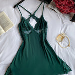 V-Neck Criss Cross Lace Patch Side Slit Babydoll Sleep Dress