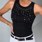 Women's Ribbed Racerback Tank Top Colorful Rhinestone Embellished Crewneck Slim Fit Rib Knit Camisole