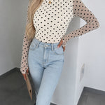 Women's Mesh Polka Dot Top Lined Sheer Long Sleeve Tee Crewneck Slim Fit Layering Under Base Top with Thumbholes