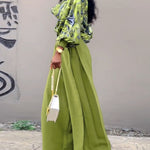 2 Pieces Outfit Abstract Print Cowl Neck Lantern Sleeve Stretchy Hem Crop Top and Casual Zipper Side Ruched Wide Leg Pants Set