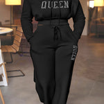 2 Pieces Outfit 3D Design Crop Drawstring Hoodie Top and Drawstring Elastic Waist Wide Leg Sweatpants Set Casual Rhinestone Letter Pattern Sweatshirt Set