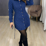 Women's Vintage Plaid Drawstring Long Sleeve Casual Dress Shirred Button Down Shirt Dress