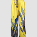 2 Pieces Outfit Plants Print Cold Shoulder Batwing Sleeve Top and Casual Wide Leg Pants Set