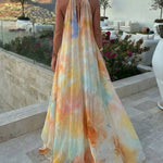 CHICME Women's Tie Dye Print Chiffon Maxi Dress Halter Neck Backless Tied Flowy A-Line Long Dress for Vacation