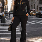 Women's 2 Piece Tracksuit Set Gold Zip Crewneck Jacket and High Waist Flare Pants Set