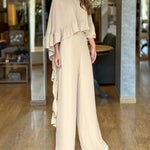 2 Pieces Outfit High Neck Hollow-out Back Ruffles High-Low Hem Cape and Casual Elastic Back Waist Wide Leg Pants Set
