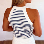 Women's Halter Neck Tank Top Striped Sleeveless Gold Button Contrast Binding Knit Top