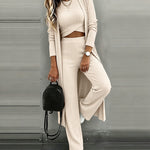 Women's 3 Piece Knit Set Long Cardigan Criss Cross Crop Tank Top and Wide Leg Pants Casual Ribbed Brushed Lounge Set