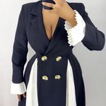 Colorblock Pleated Spliced Notched Collar Pleated Flared Cuff Double Breasted Blazer Dress Elegant Cinched Waist Flared Hem Commuting Dress