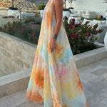 CHICME Women's Tie Dye Print Chiffon Maxi Dress Halter Neck Backless Tied Flowy A-Line Long Dress for Vacation