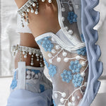 Floral Pattern Sheer Mesh Patch Round Toe Sneakers