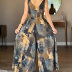 Abstract Oil Painting Print V-Neck Stretchy Thick Straps High Waist Backless Overalls Casual Shirred Waist Cinched Waist Wide Leg Jumpsuit