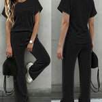 Women's 2 Piece Knit Set Lace Patchwork Short Sleeve Top and Wide Leg Pants Casual Ribbed Brushed Lounge Set
