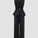 Women's 2 Piece Outfits Sleeveless Peplum Top and Wide Leg Pants Set Elegant Gold Belt Business Work Suits