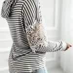 Striped Contrast Floral Lace Patchwork Long Sleeve Pullover Casual Lace Drawstring Hoodie Sweatshirt