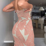 Tropical Print Halter Tie Shirred Frill Trim Cinched Waist Vacation Dress Ruched Cutout Front Slim Fit Ruffle Hem Mermaid Dress