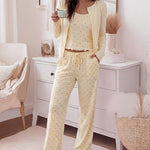 Women's 3 Piece Outfits Ditsy Floral Pajama Set Crop Cami Top and Button Down Cardigan and Straight Leg Pants Lounge Set