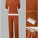 Women's Contrast Binding Two Piece Knit Set Short Sleeve Top and Drawstring Straight Leg Pants Casual Loungewear
