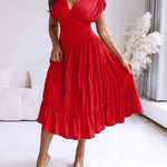 Women's Deep V-Neck Backless High Waist Ruched Ruffle Midi Dress