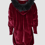Velvet Fuzzy Trim Hooded Mini Dress Long Sleeve Zipper Design Sweatshirt Pullover Casual Dress