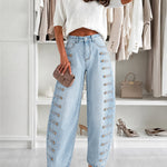 Women's Barrel Jeans High Waisted Side Button Denim Pants Distressed Washed Baggy Trousers Retro Y2K Streetwear