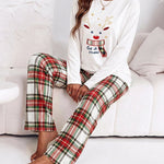 Women's Pajama Set Christmas Reindeer Print Crew Neck Long Sleeve Top and Plaid Wide Leg Pants