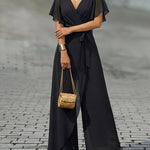 Women's Overlap V Neck Jumpsuit Butterfly Sleeve Wide Leg Romper Tied Waist Shirred Back Split Leg Overalls