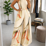 Women's Elegant Ink Floral Print Wide Leg Jumpsuit Casual Sleeveless Vacation Overalls with Belt