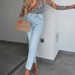Women's Vintage Print Sheer Mesh Top Long Sleeve Slim Fit Tee with Thumb Holes