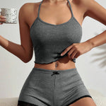2 Pieces Colorblock Halter Contrast Lace Backless Tank Top & Waffle Knit Casual Shorts Sets