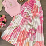 2 Pieces Outfit Square Neck Sleeveless Slim Fit Top and Watercolor Floral Print High Waist Elastic Waist Pleated Maxi Skirt Set