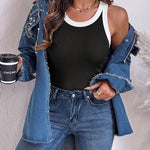 Women's Contrast Binding Racerback Tank Top Slim Fit Ribbed Crewneck Top