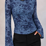 Women's Flocked Floral Boat Neck Sheer Mesh Long Sleeve Top Ruched Pullover