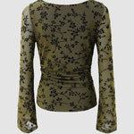 Women's Vintage Flocked Floral Mesh Top Boat Neck Ruched Flare Long Sleeve Tee
