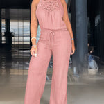 Women's Halter Jumpsuit Lace Trim Backless Overalls Tied Detail Wide Leg Jumpsuit with Pockets