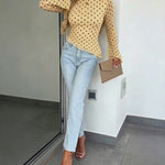 Women's Polka Dot Mesh Top Flare Long Sleeve Boat Neck Lined Asymmetric Frill Hem Blouse Vintage Party Shirt