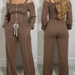 2 Pieces Outfit Trendy Long Sleeve Cold Shoulder Top and Drawstring Waist Pants with Pockets