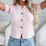 Women's Rib-Knit Short Sleeve Cardigan Gold Flower Button Round Neck Sweater Casual Top