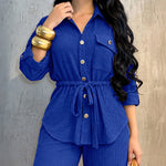 2 Pieces Outfit Vintage Turn-down Collar Roll Up Sleeve Button Front Flap Pocket Design Waist Drawstring Top and Elastic Waist Wide Leg Pants Set Casual Textured Commuting Set