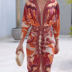 Vintage Baroque Deep V Neck Long Sleeve Slit Bodycon Dress Casual Ruched Slim Fit Vacation Dress