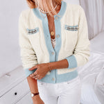 Women's Contrast Binding Knit Cardigan Pearl Beaded Textured Cropped Sweater Elegant Rhinestone Button Coat