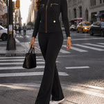 Women's 2 Piece Tracksuit Set Gold Zip Crewneck Jacket and High Waist Flare Pants Set