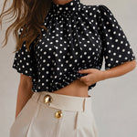 Women's Mock Neck Chiffon Blouse Polka Dot Ruched Elegant Flared Sleeve Top Casual Office Commute Shirt